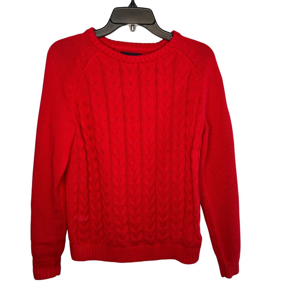 Lands End women’s Drifter Red Cable Knit Sweater Size M petite (10-12) Crew Neck